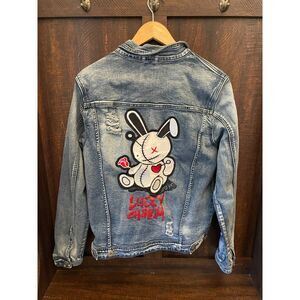 Y2K Denim Jacket Women L Distressed Bunny Patch Lucky Charm Streetwear BKYS